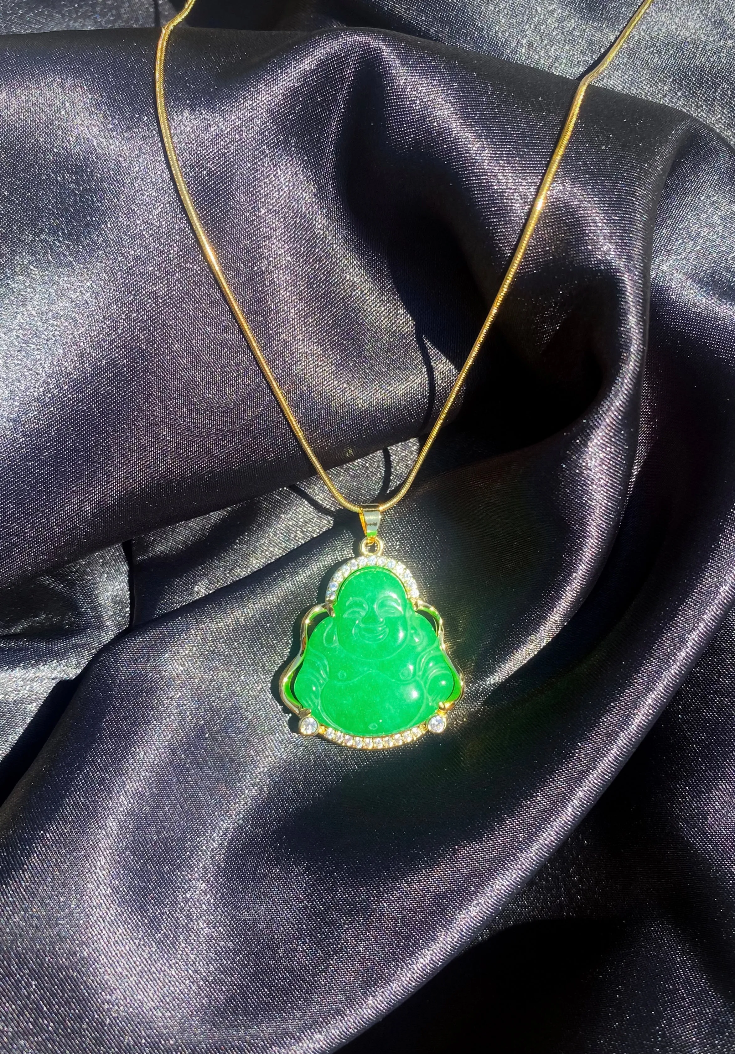 Green Jade Buddha Necklace in Gold