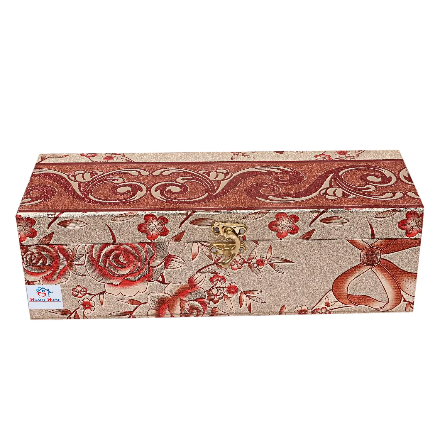 Heart Home Multipurpose Wooden Floral Design 1 Rod Bangle Box/Organizer/Case With Swing Arm Lock- Pack of 2 (Gold)-47HH0647