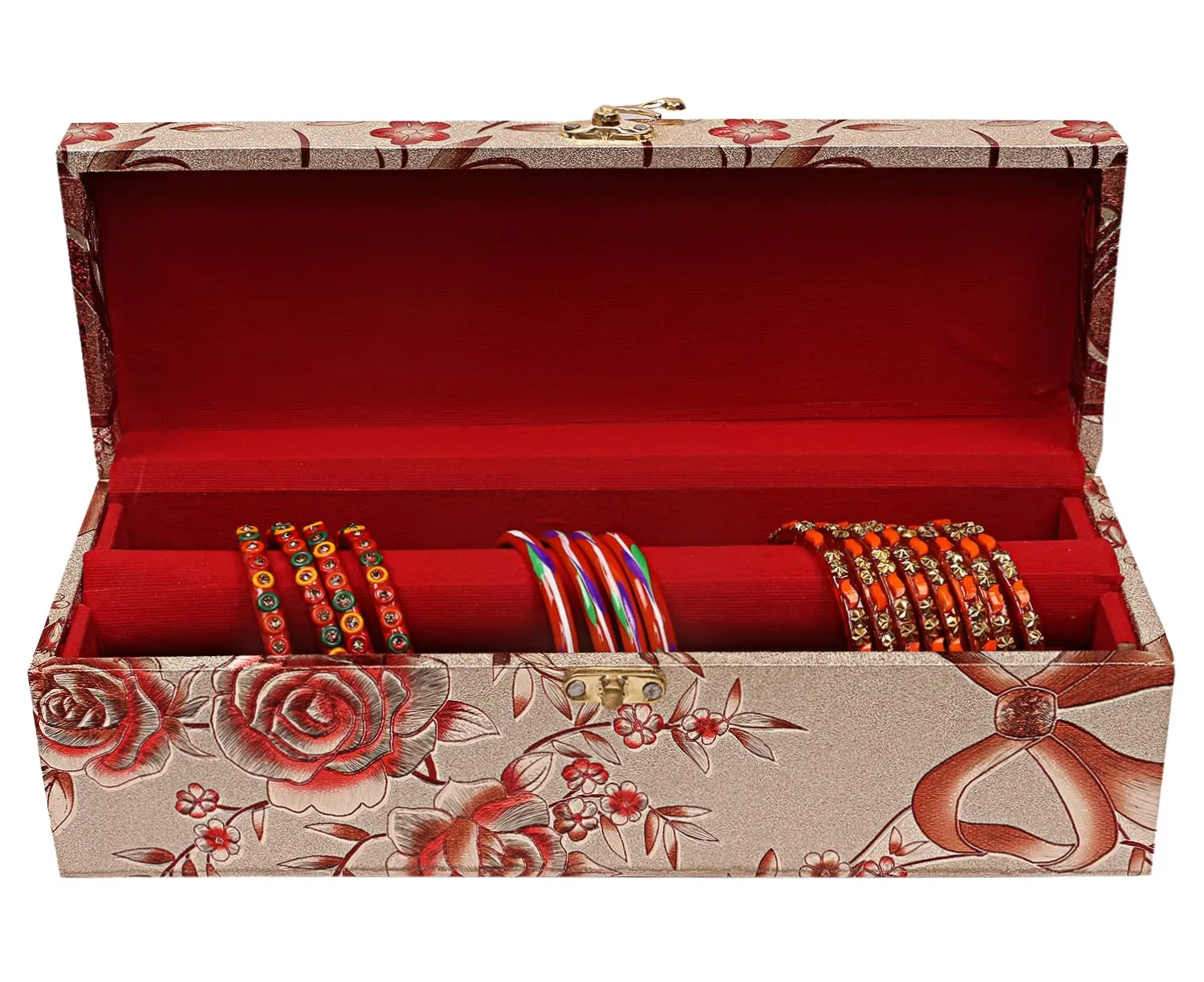 Heart Home Multipurpose Wooden Floral Design 1 Rod Bangle Box/Organizer/Case With Swing Arm Lock- Pack of 2 (Gold)-47HH0647