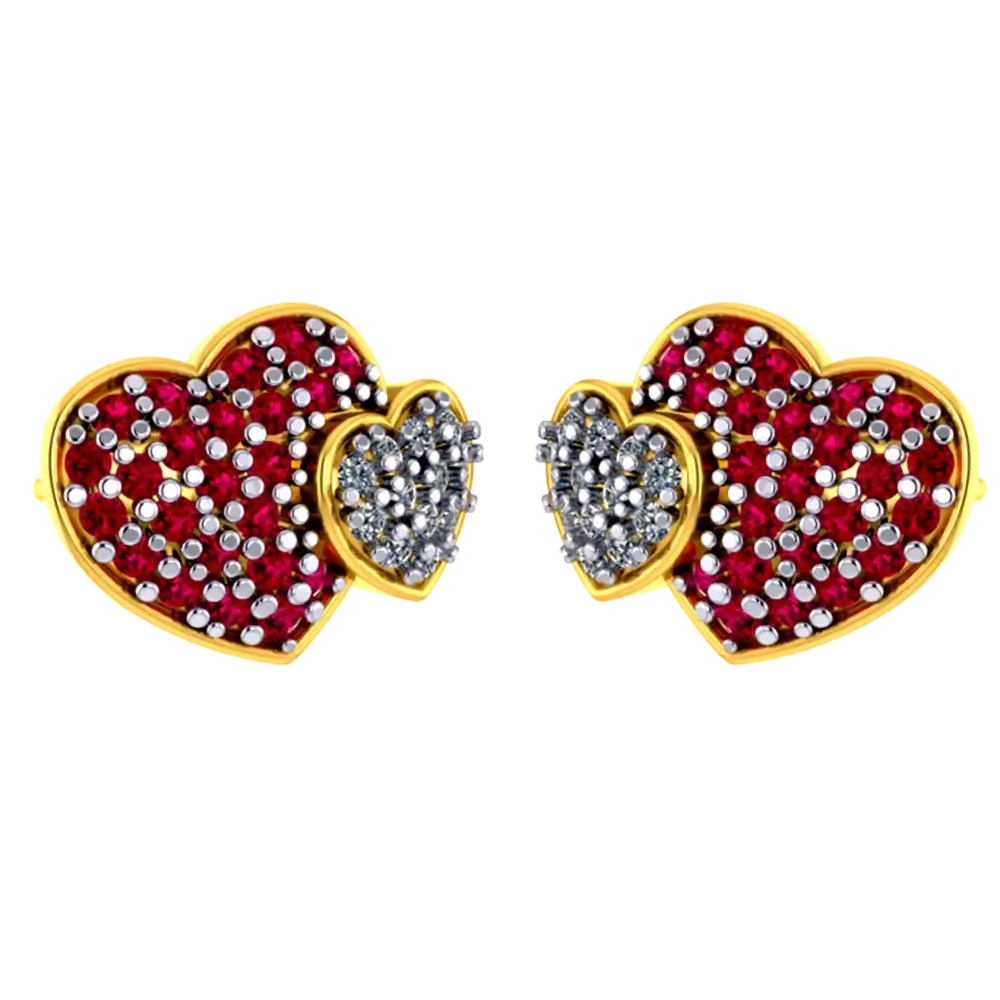 Heart-shaped 22k Gold Earrings With American Diamond And Ruby Detailing