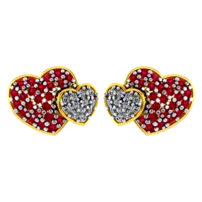 Heart-shaped 22k Gold Earrings With American Diamond And Ruby Detailing