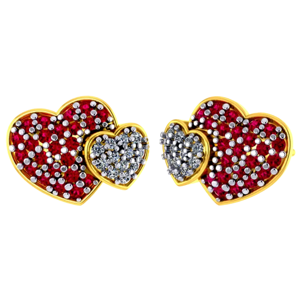 Heart-shaped 22k Gold Earrings With American Diamond And Ruby Detailing