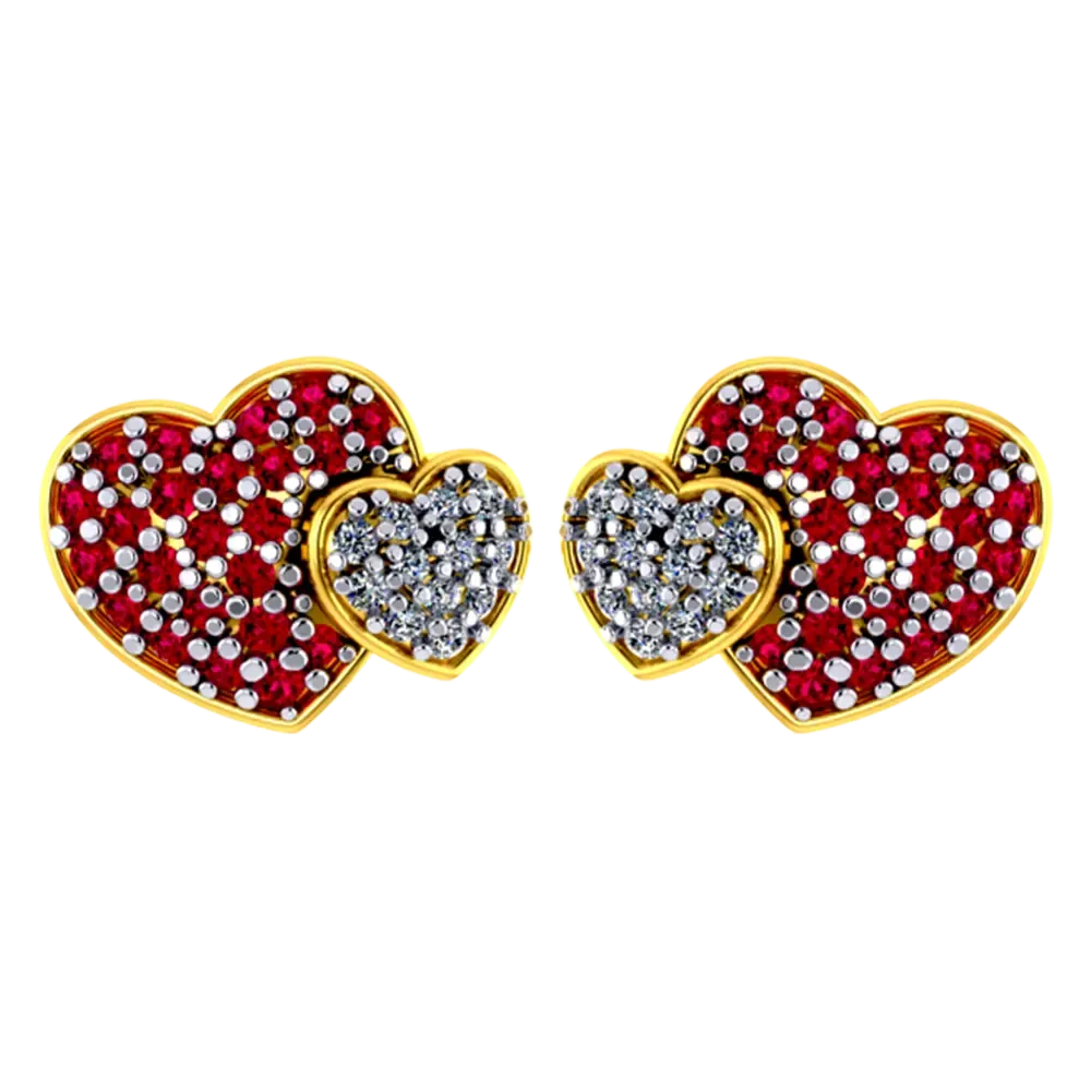 Heart-shaped 22k Gold Earrings With American Diamond And Ruby Detailing