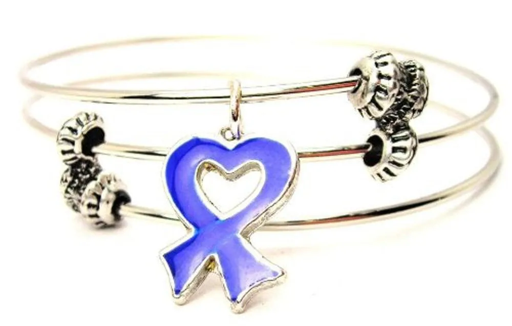 Heart Shaped Awareness Ribbon Hand Painted Triple Style Expandable Bangle Bracelet