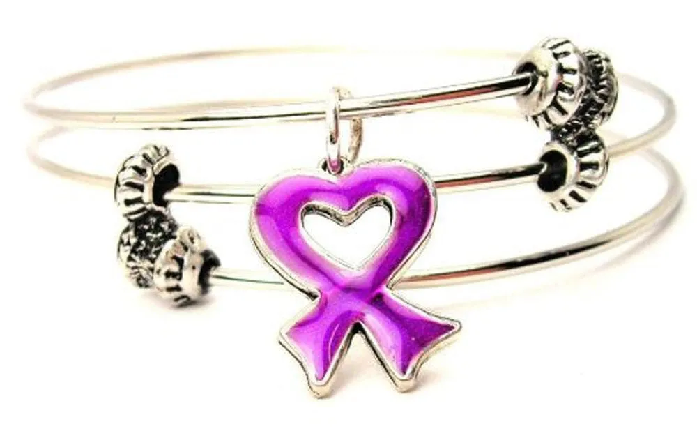 Heart Shaped Awareness Ribbon Hand Painted Triple Style Expandable Bangle Bracelet