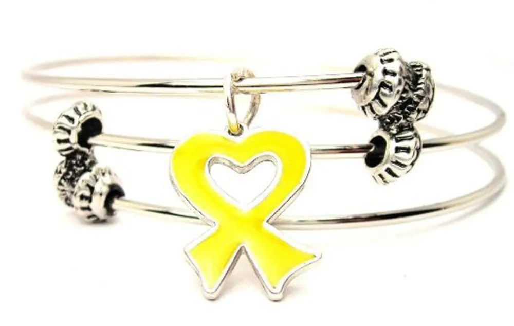 Heart Shaped Awareness Ribbon Hand Painted Triple Style Expandable Bangle Bracelet