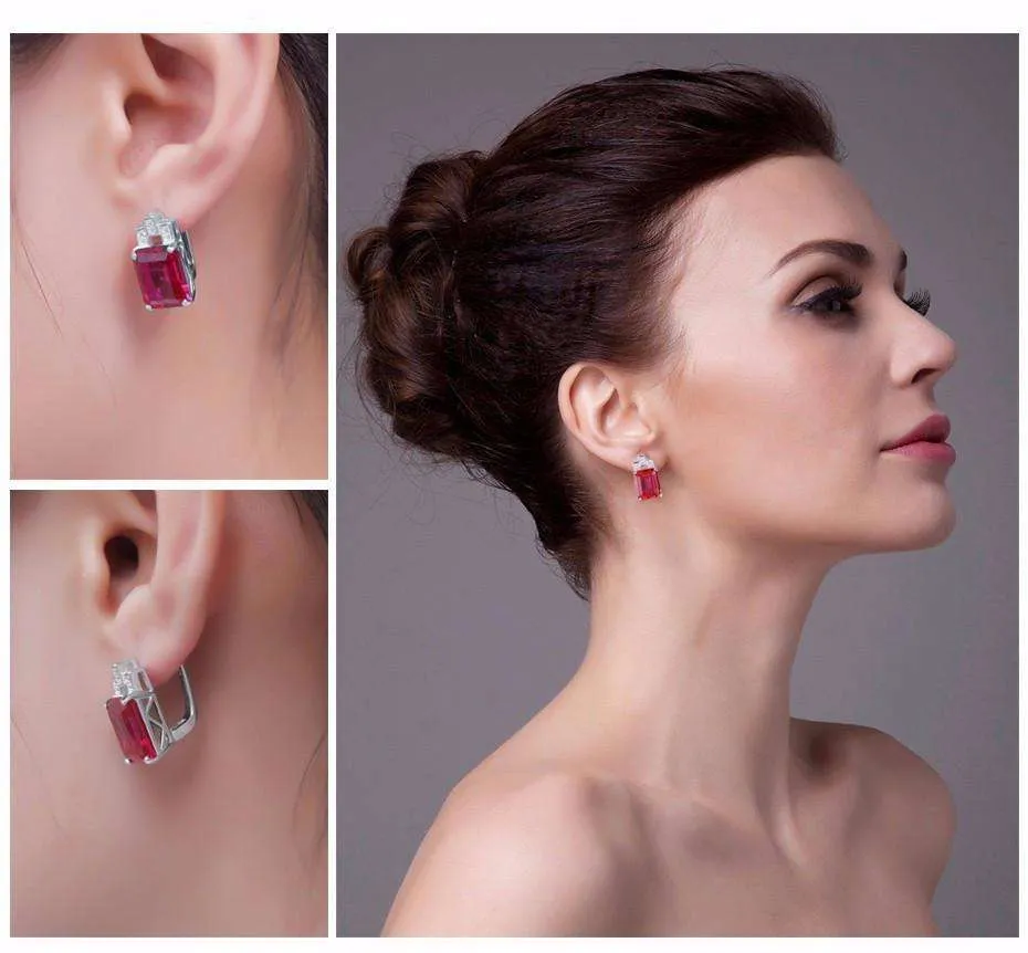 Heirloom 8CT Emerald Cut Simulated Pigeon Blood Ruby IOBI Precious Gems 925 Sterling Silver Earrings