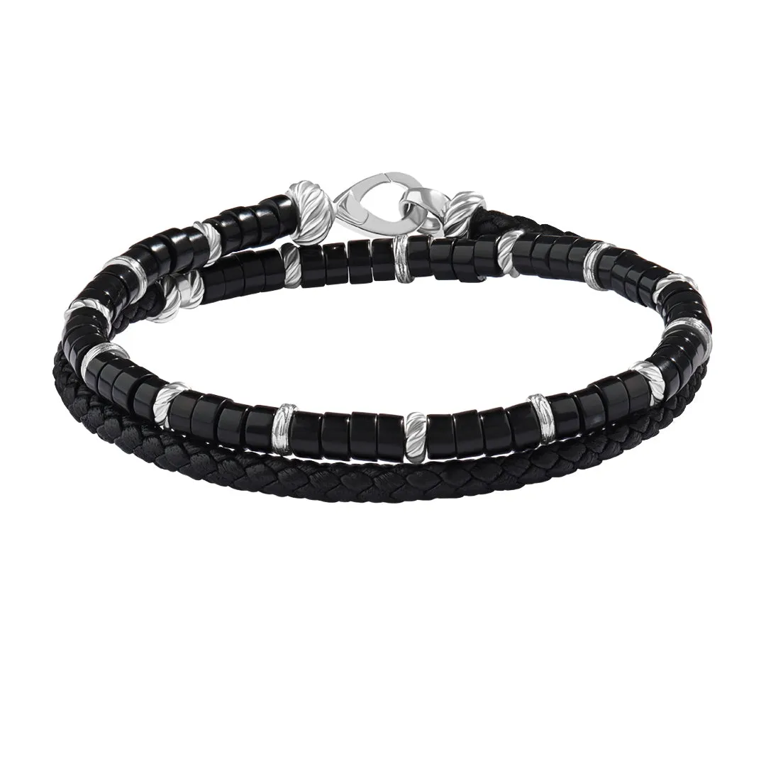 Heishi Beads & Leather Wrap Bracelet in Silver