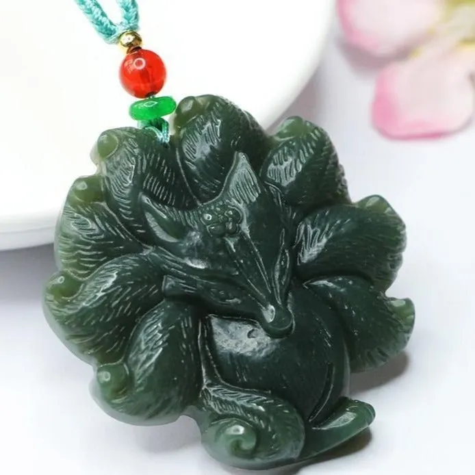 Hetian Natural Jadeite Jade Fox Pendant Necklace