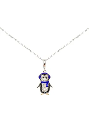 Holiday Penguin with Sapphire Crystal scarf Sterling Silver Charm Necklace