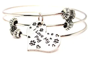 I Love My Pug Triple Style Expandable Bangle Bracelet