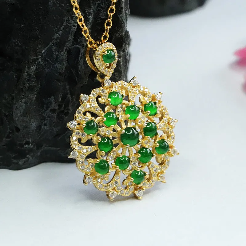 Icy Emperor Green Jade Flower Necklace with Zircon Beads