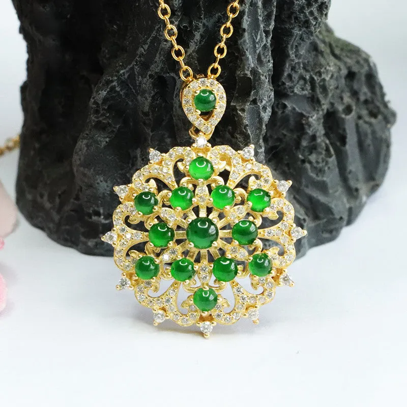 Icy Emperor Green Jade Flower Necklace with Zircon Beads