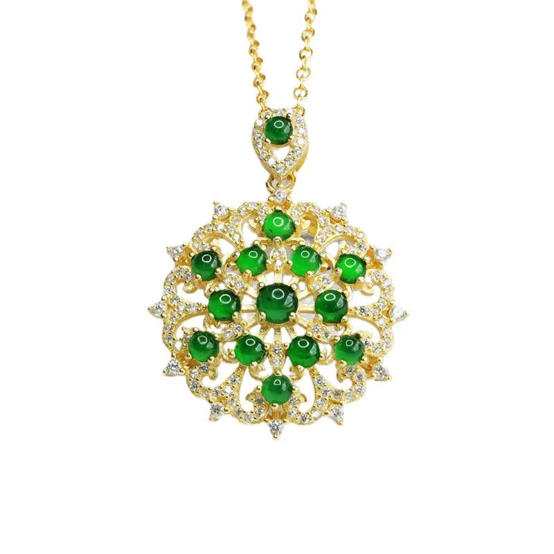 Icy Emperor Green Jade Flower Necklace with Zircon Beads