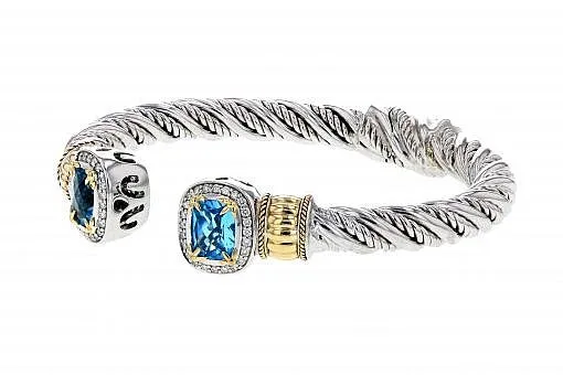 Italian Sterling Silver Bangle Bracelet with 0.62ct diamonds, blue topaz and 14K solid yellow gold accents