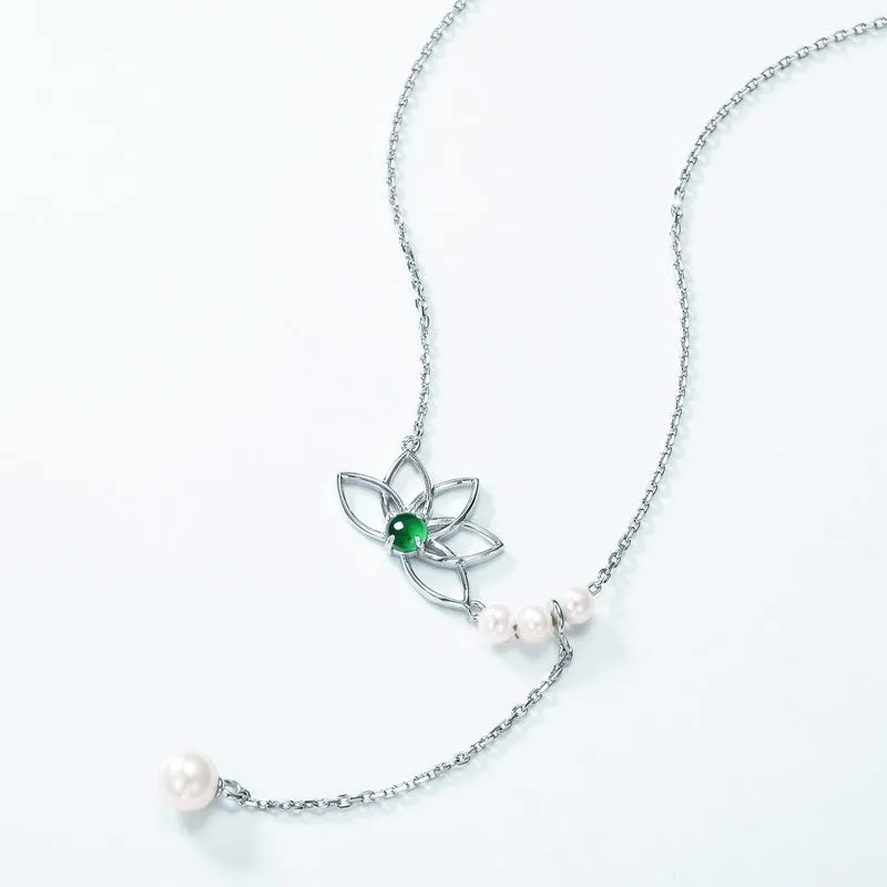 Jade Lotus Pearl Drop Pendant Necklace