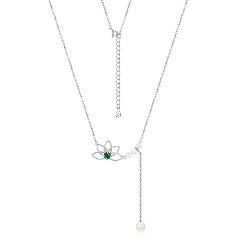 Jade Lotus Pearl Drop Pendant Necklace