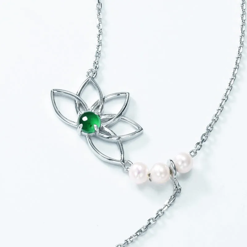 Jade Lotus Pearl Drop Pendant Necklace