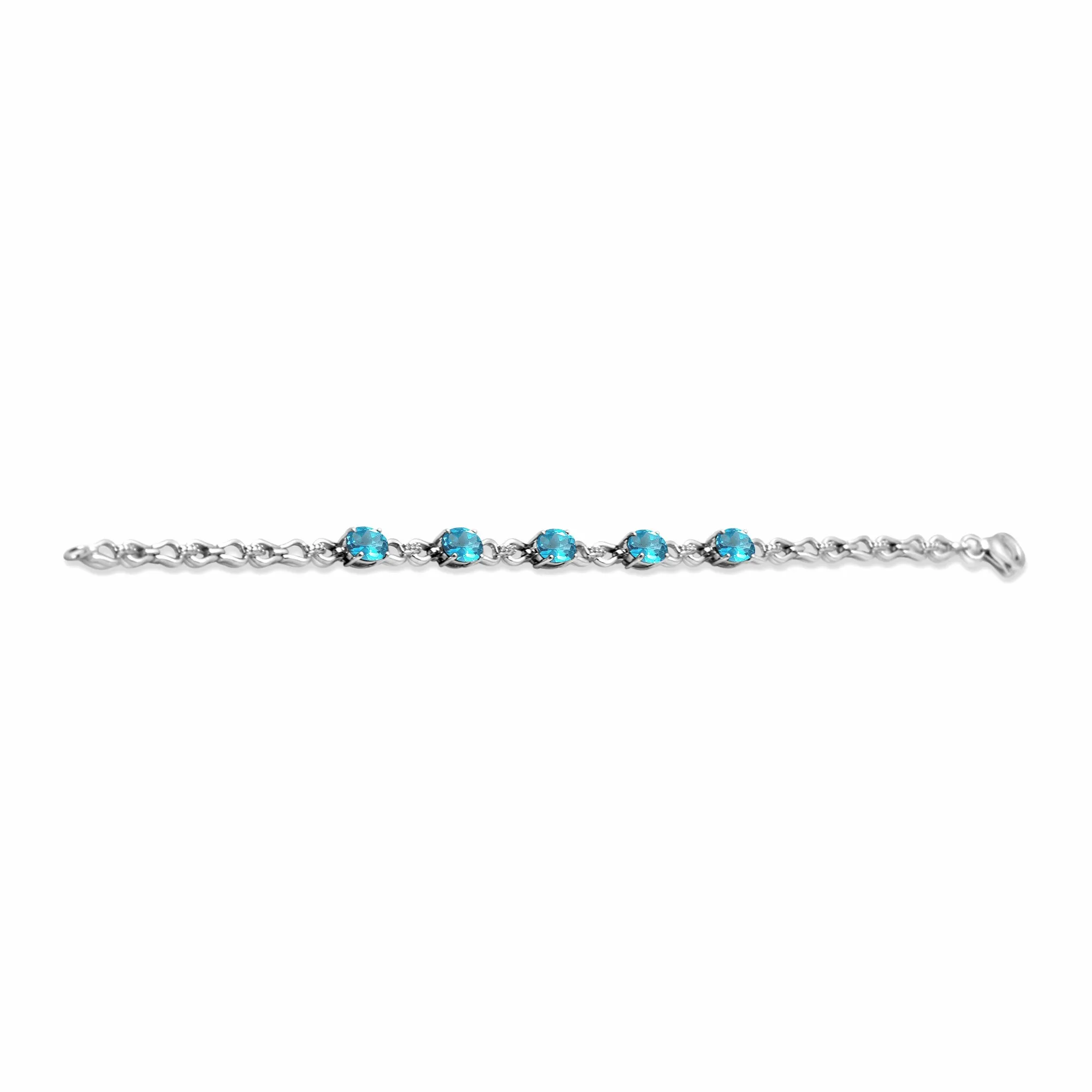 Jewelili Sterling Silver 8x6 MM Oval Shape Swiss Blue Topaz and Natural White Round Diamonds Link Bracelet