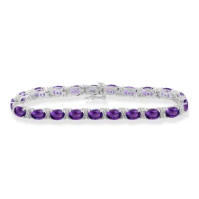 Jewelili Sterling Silver Amethyst with Genuine White Diamonds Bracelet, 7.25"