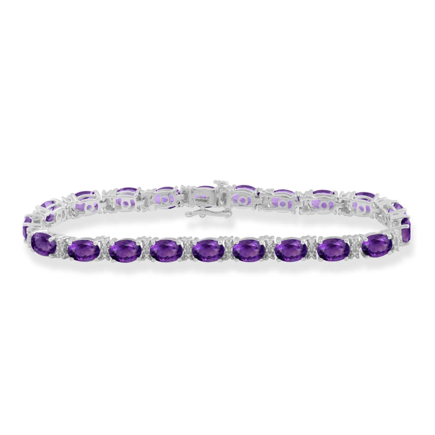 Jewelili Sterling Silver Amethyst with Genuine White Diamonds Bracelet, 7.25"