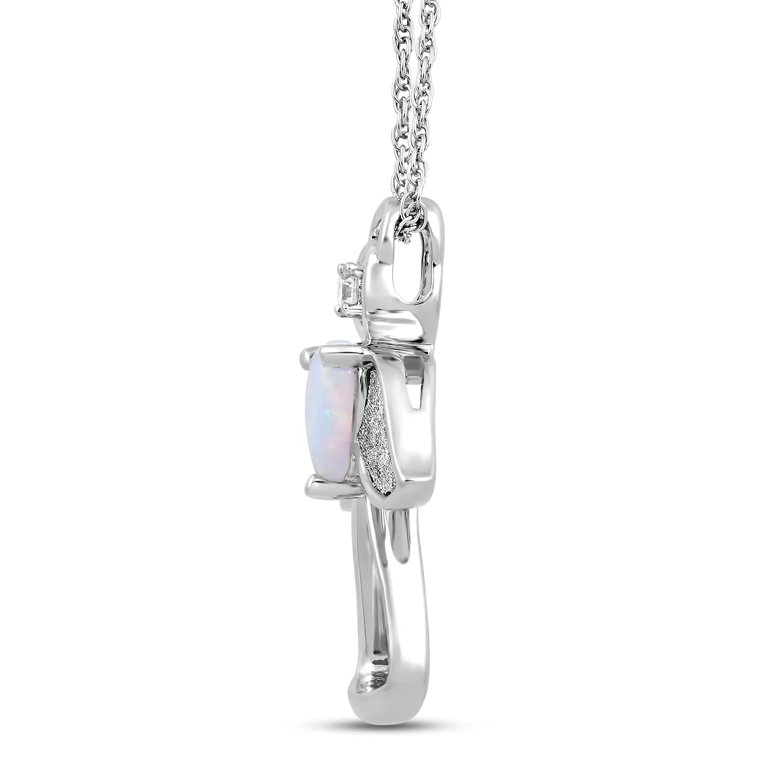 Jewelili Sterling Silver with Created Opal and Cubic Zirconia Angel Pendant Necklace