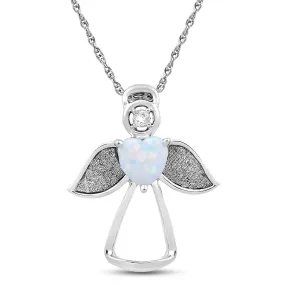 Jewelili Sterling Silver with Created Opal and Cubic Zirconia Angel Pendant Necklace