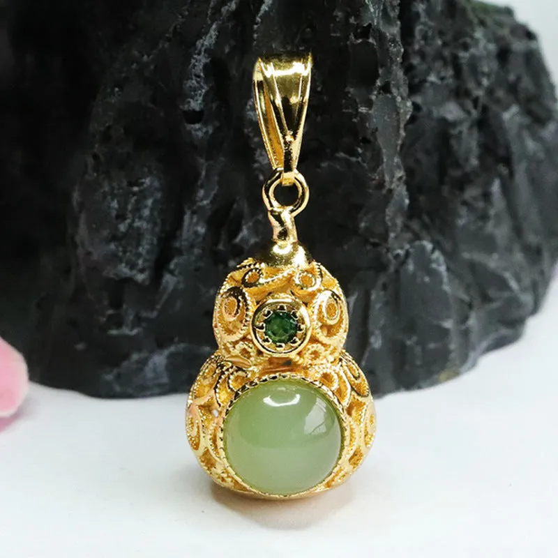 Jewelry Pendant with Hollow Gourd Design Crafted from Sterling Silver and Jade