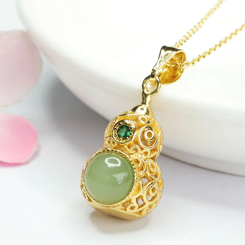 Jewelry Pendant with Hollow Gourd Design Crafted from Sterling Silver and Jade