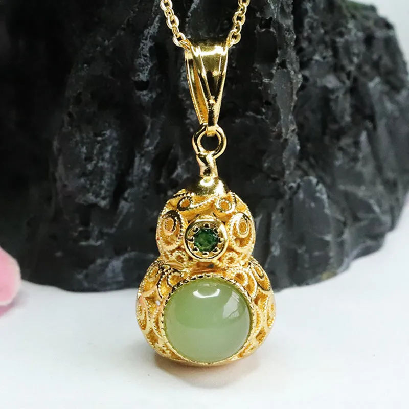 Jewelry Pendant with Hollow Gourd Design Crafted from Sterling Silver and Jade