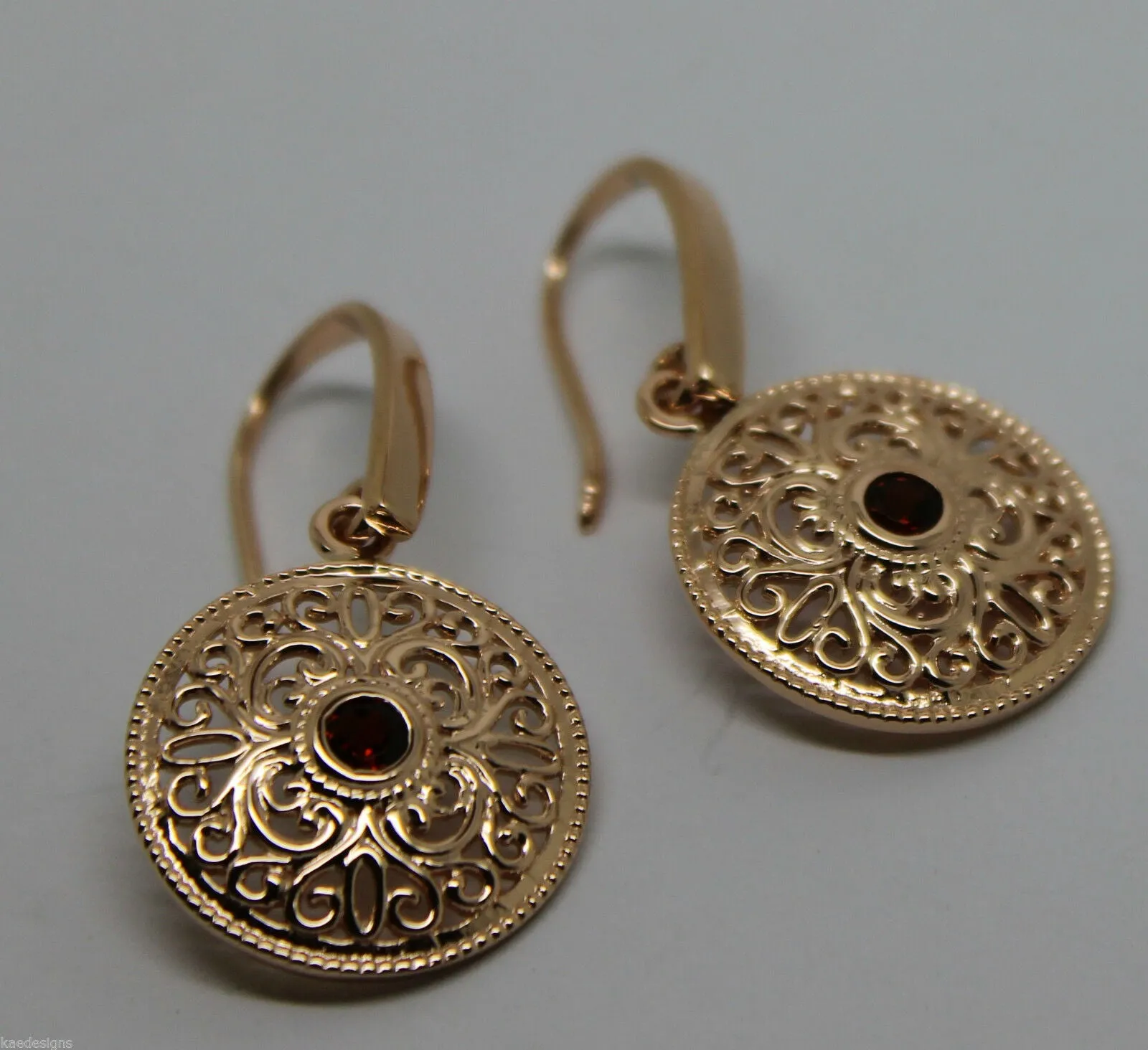 Kaedesigns New Genuine 9ct Yellow, Rose or White Gold Antique Red Ruby Filigree  Earrings