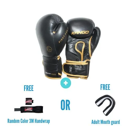 Kango Martial Arts Unisex Adult Black Golden Leather Boxing Gloves  3 Meters Bandage or Mouth Guard [WS]