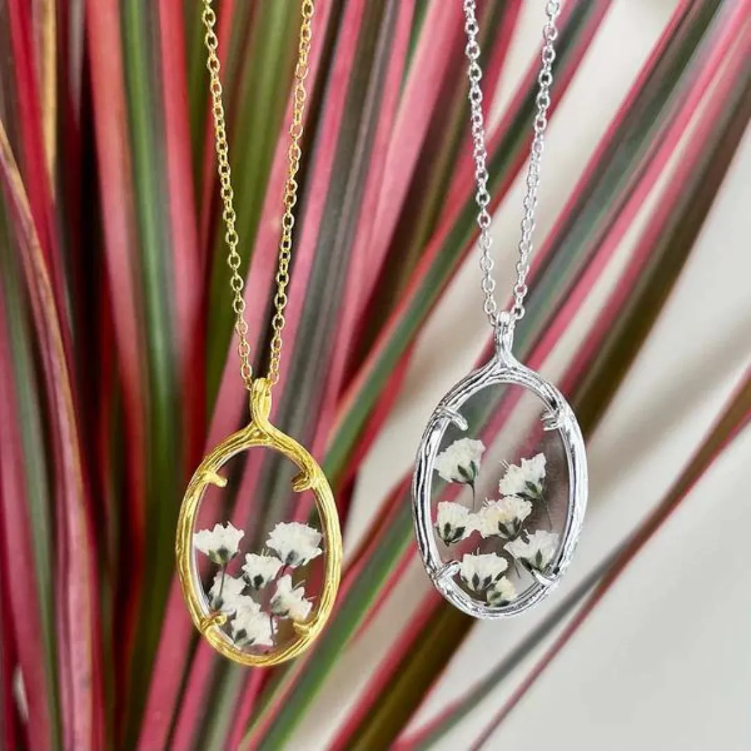 Large Oval Botanical Baby's Breath Vermeil Necklace