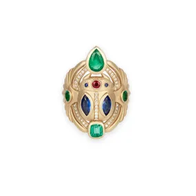 LARGE PAVE EMERALD, SAPPHIRE, RUBY SCARAB RING