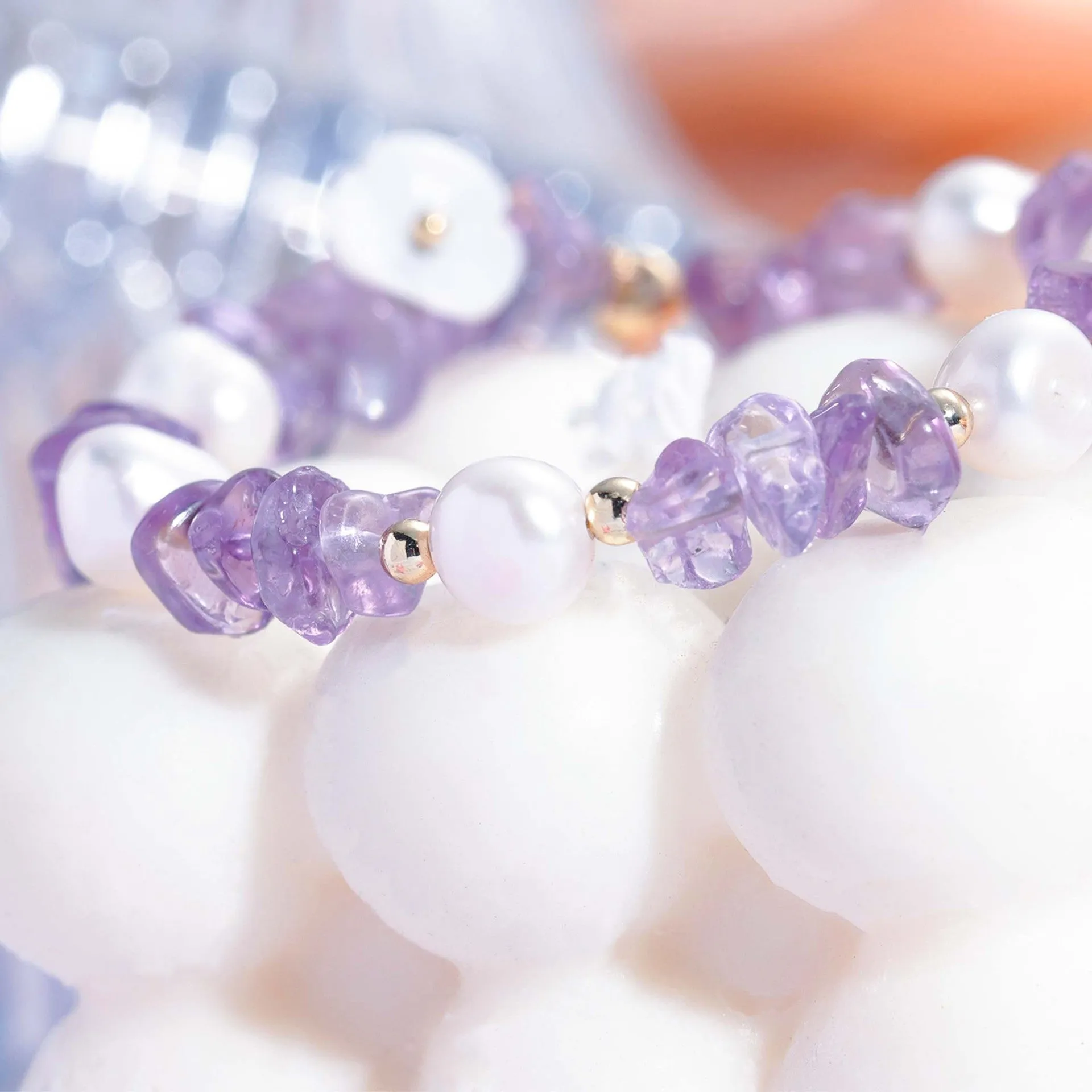 Lavender Amethyst and Freshwater Pearl Bracelet - Sterling Silver Charm