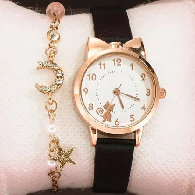 Leather Strap Quartz Watch and Bracelet  for Student Girls