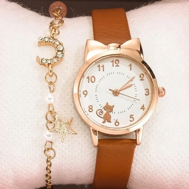 Leather Strap Quartz Watch and Bracelet  for Student Girls