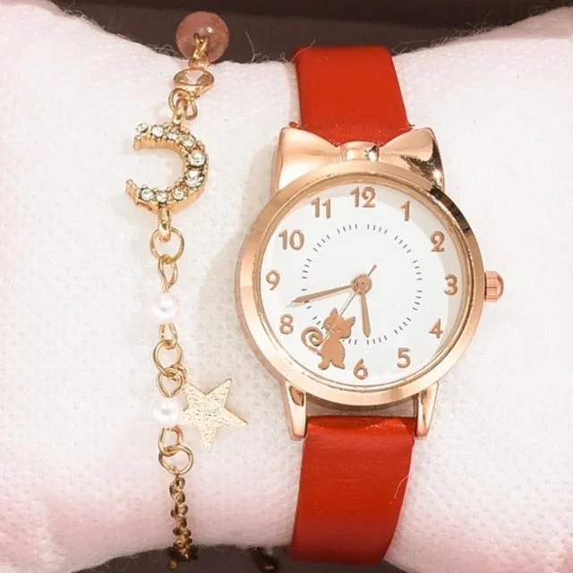 Leather Strap Quartz Watch and Bracelet  for Student Girls