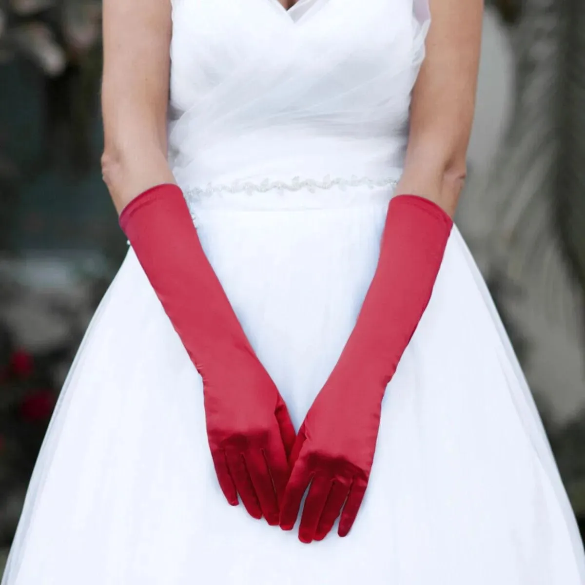 Long Burgundy-red Satin Finish Formal Bridal Gloves