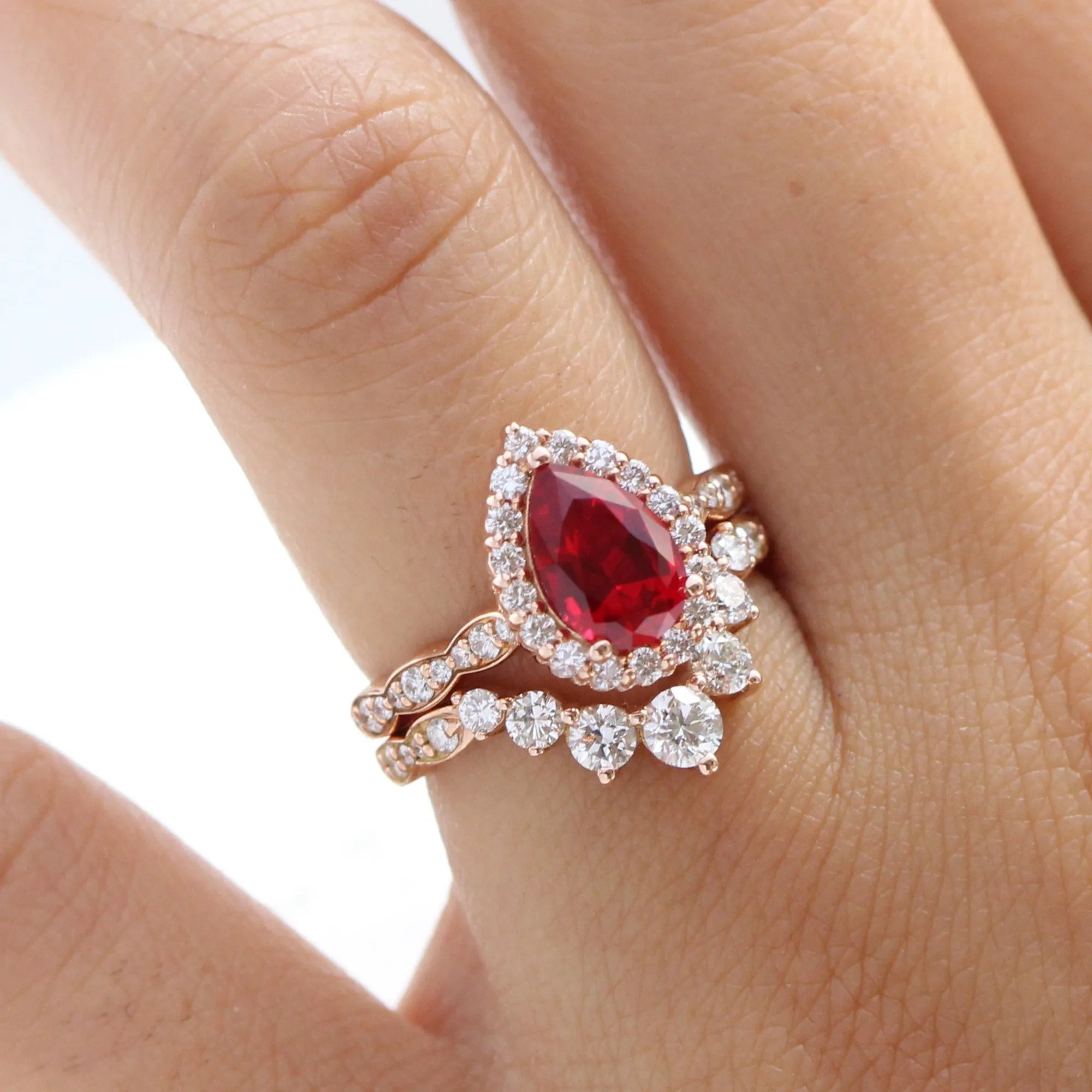 Luna Halo Pear Ring Bridal Set w/ Ruby and Large 7 Diamond U Scalloped Band