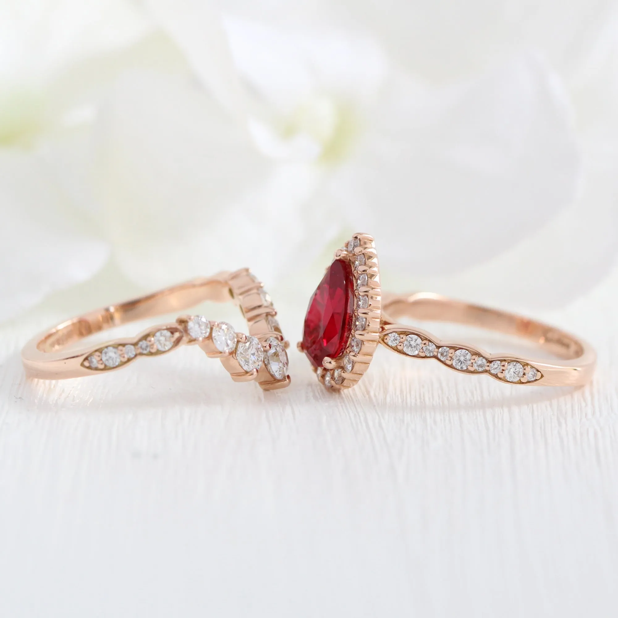 Luna Halo Pear Ring Bridal Set w/ Ruby and Large 7 Diamond U Scalloped Band