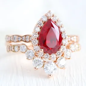 Luna Halo Pear Ring Bridal Set w/ Ruby and Large 7 Diamond U Scalloped Band