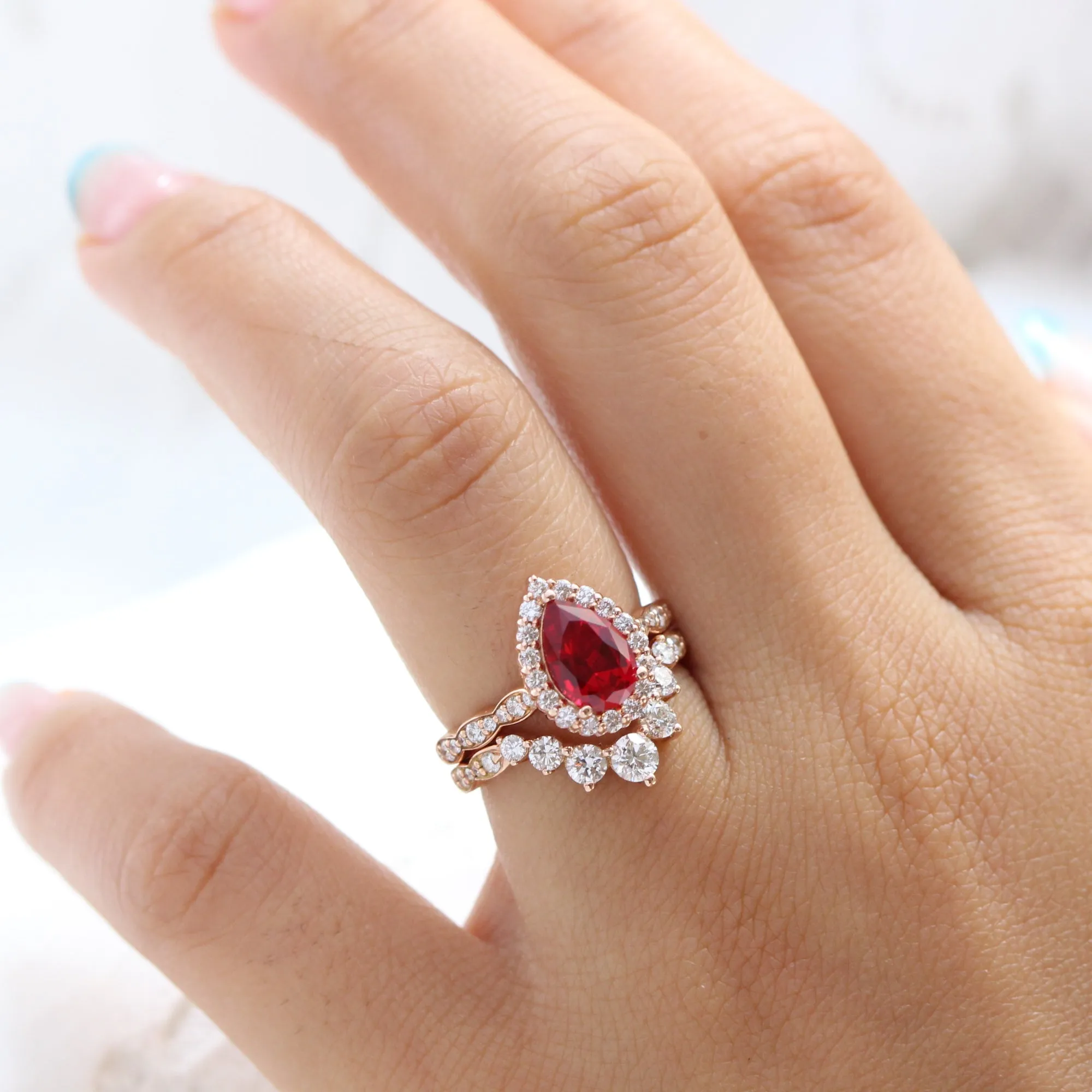 Luna Halo Pear Ring Bridal Set w/ Ruby and Large 7 Diamond U Scalloped Band