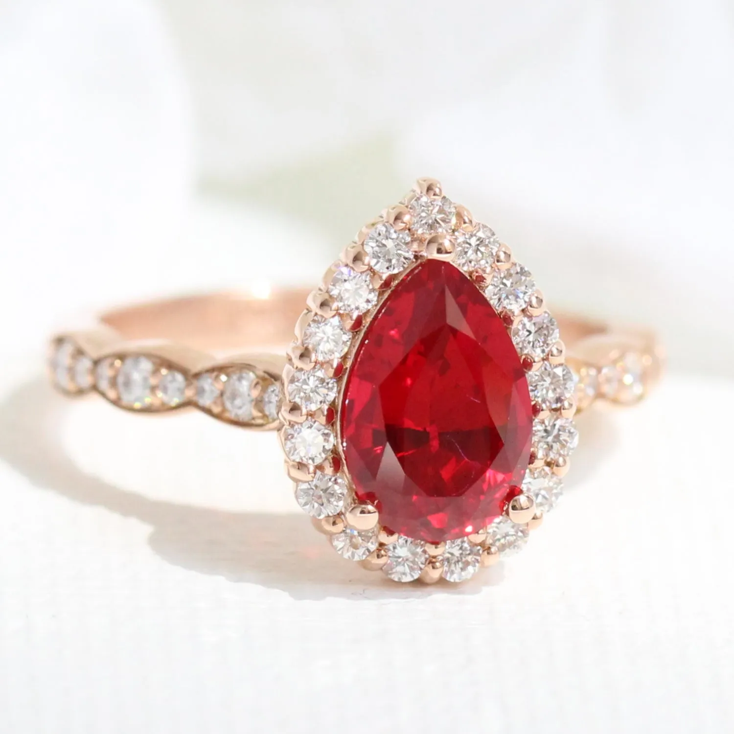 Luna Halo Pear Ring Bridal Set w/ Ruby and Large 7 Diamond U Scalloped Band