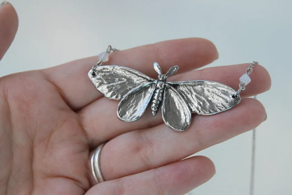 Majestic Silver Moth Necklace | Large Silver Moth Pendant | Insect Jewelry