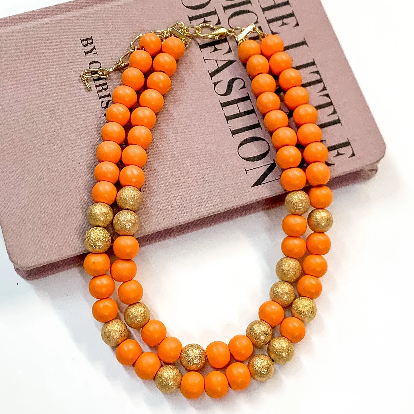 Making Joy Large Beaded Two Strand Necklace with Gold Tone Spacers in Orange