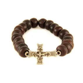 Mens Brown Beaded Bracelet with Silver Triple Cross Charm