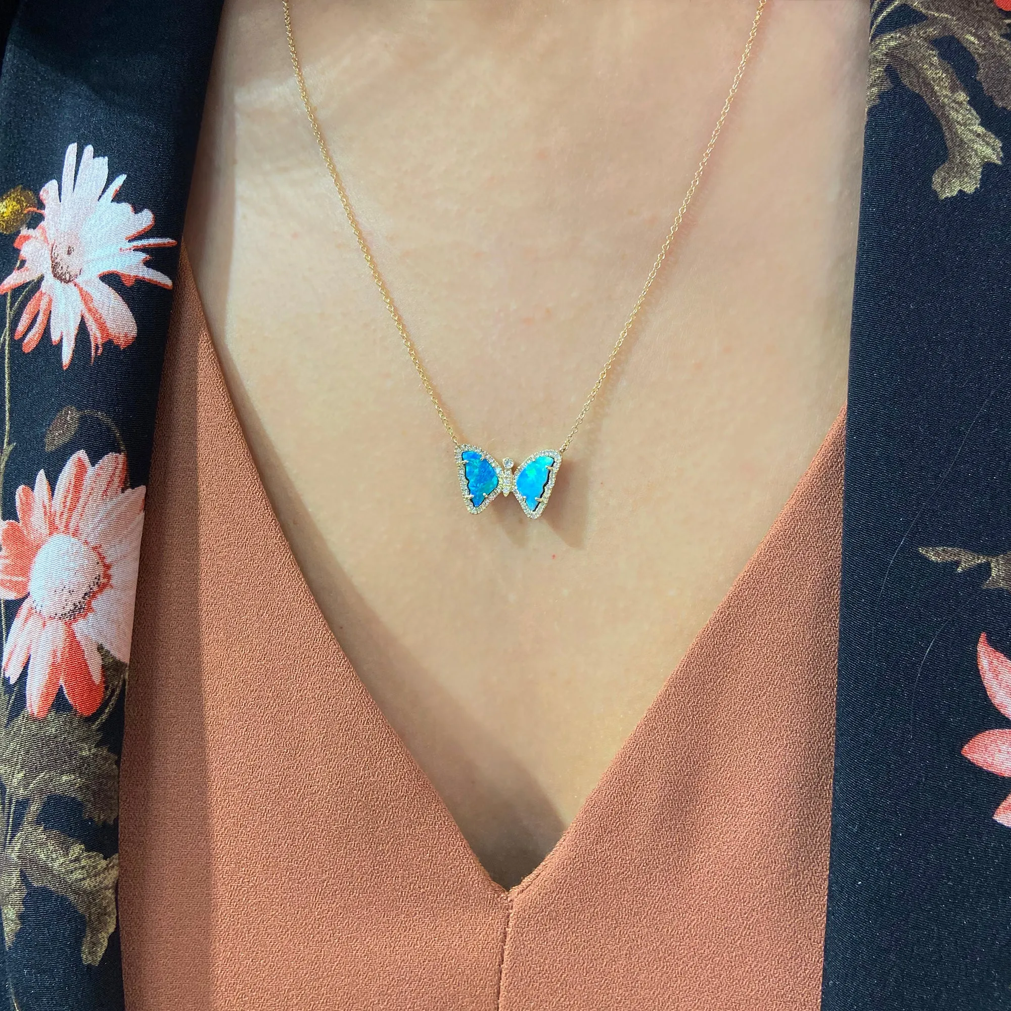 Mini Boulder Opal Butterfly Necklace with Diamonds