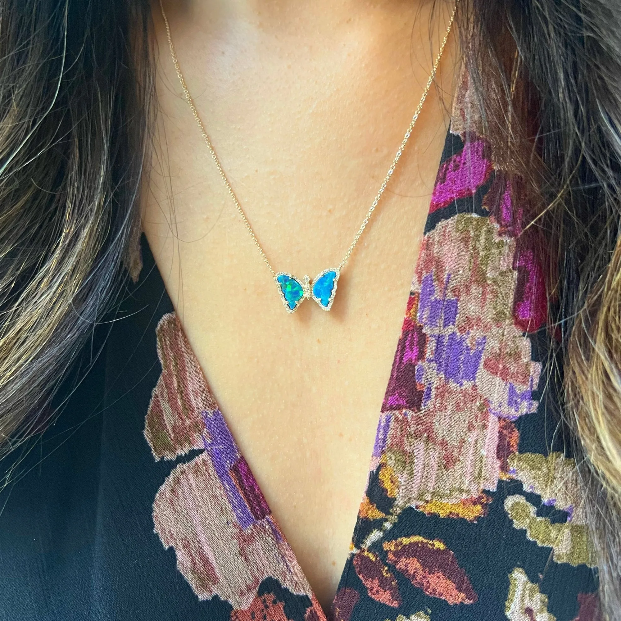 Mini Boulder Opal Butterfly Necklace with Diamonds