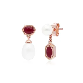 Moderne Perle & Rubin Asymmetrische Tropfen Ohrringe in Rose Vergoldetem Sterling Silber